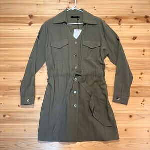 NEW Deluc Dress Womens Small Army Green Basquiat Long Sleeve Belted Shirt Dress